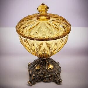 Taj Amber Glass Candy Dish Vintage Japan Ornate Metal Pedestal Lidded Romantic